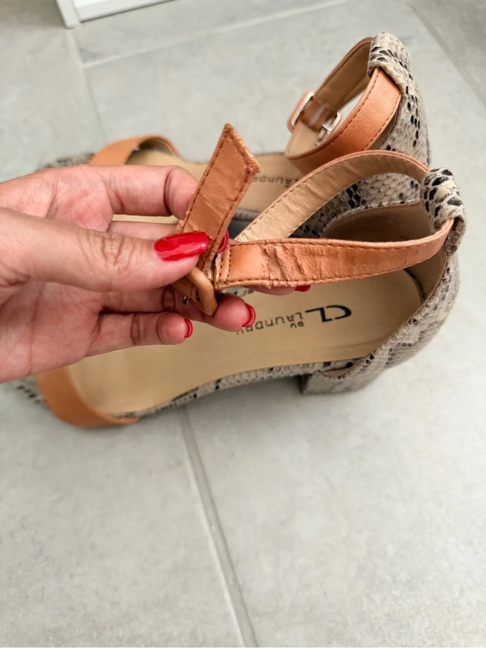 Tan Leather & Snake-Print Block Heel Sandals